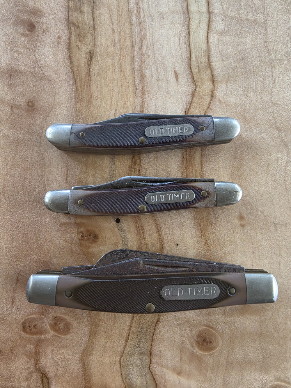 Schrade Old Timer Set/3 Men's Folding Pocketknife - Brown Handles Vintage